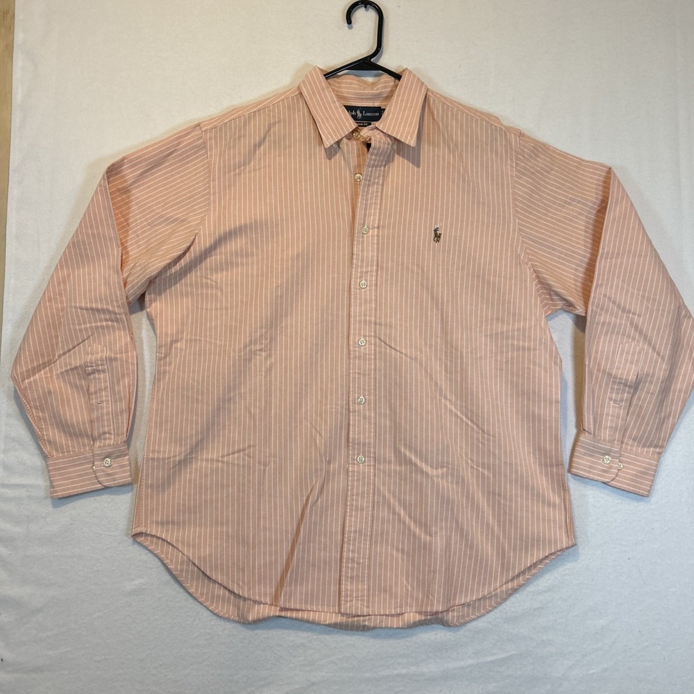 Ralph Lauren Mens Shirt 17 34/35 Vintage Classic Striped Long Sleeve Peach White